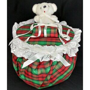 Vintage Christmas Basket & Lid With Teddy Bear Handle Red And Green Plaid 1990s